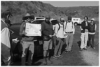 Representatives from Santa Cruz Mountain Trails Association and the Amah Mutsun Land Trust speak about their work. Cotoni-Coast Dairies Unit, California Coastal National Monument, California, USA ( black and white)