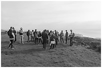Group on edge of grassy terrace above the Pacific Ocean. Cotoni-Coast Dairies Unit, California Coastal National Monument, California, USA ( black and white)