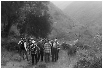Group in canyon during ranger-led hike. Cotoni-Coast Dairies Unit, California Coastal National Monument, California, USA ( black and white)