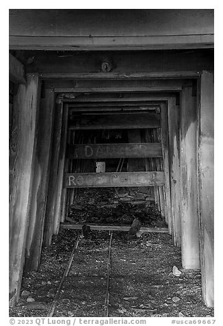 San Cristobal Mine tunnel, Almaden Quicksilver County Park. San Jose, California, USA (black and white)
