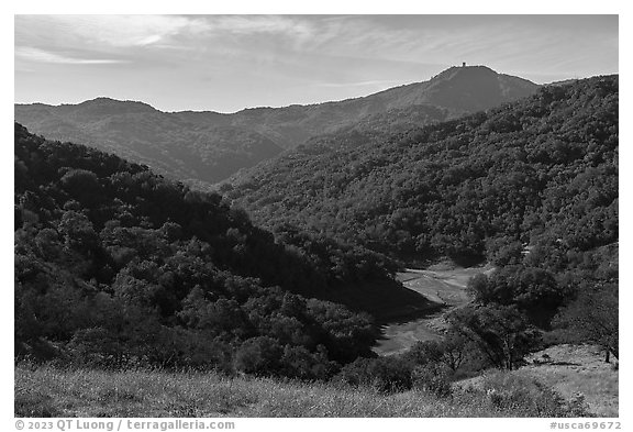 Mount Umunhum and upper portion of Guadalupe Reservoir,  Almaden Quicksilver County Park. San Jose, California, USA (black and white)