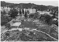 Aerial view of Peoples Park looking towards the hills. Berkeley, California, USA ( black and white)