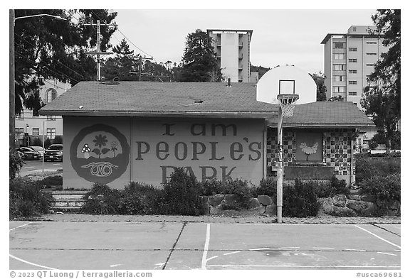 Hoop and restroom, Peoples Park. Berkeley, California, USA (black and white)
