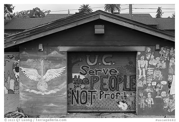 Restroom with protest slogan, Peoples Park. Berkeley, California, USA (black and white)