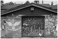 Restroom with protest slogan, Peoples Park. Berkeley, California, USA ( black and white)