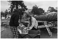Volunteers serving meals at Peoples Park. Berkeley, California, USA ( black and white)