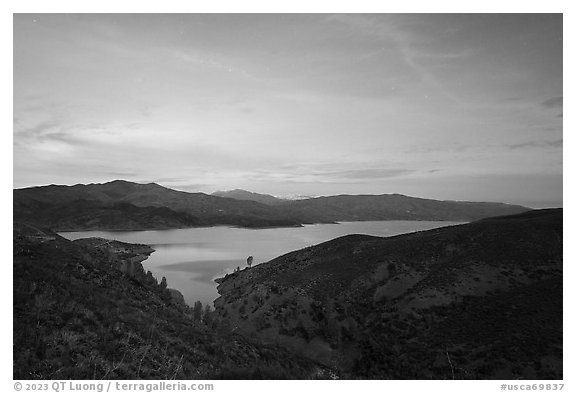 Indian Valley Reservoir by moonlight. Berryessa Snow Mountain National Monument, California, USA (black and white)