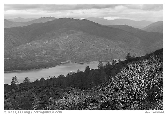 Manzanita and Indian Valley Reservoir from Condor Ridge. Berryessa Snow Mountain National Monument, California, USA (black and white)