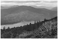 Manzanita and Indian Valley Reservoir from Condor Ridge. Berryessa Snow Mountain National Monument, California, USA ( black and white)