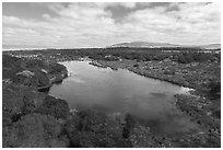 Aerial view of pond with Mt Toro in the distance. California, USA ( black and white)