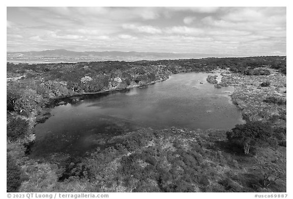 Aerial view of pond with Salinas Valley in the distance. California, USA (black and white)