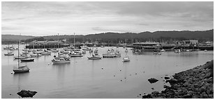 Municipal Wharf and Fishermans Wharf, late afternoon. Monterey, California, USA (black and white)