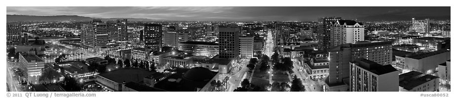 Downtown San Jose skyline and Cesar de Chavez Park at dusk. San Jose, California, USA (black and white)