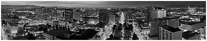 Downtown San Jose skyline and Cesar de Chavez Park at dusk. San Jose, California, USA (Panoramic black and white)