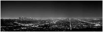 Street grid and city at night. Los Angeles, California, USA (Panoramic black and white)