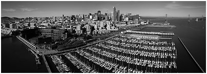 Aerial view of South Beach Harbor, ATT Park, and downtown skyline. San Francisco, California, USA (Panoramic black and white)