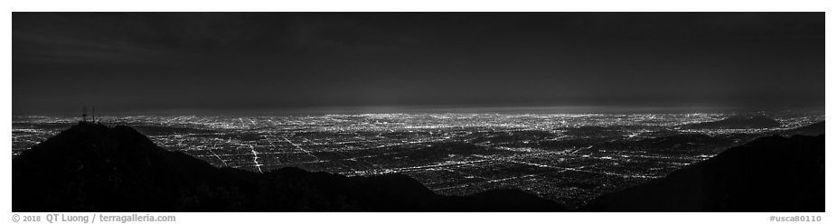 Los Angeles Basin from Mount Wilson at night. Los Angeles, California, USA (black and white)