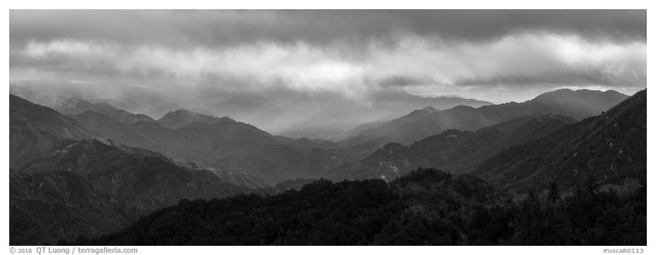 Rolling peaks under stormy sky. San Gabriel Mountains National Monument, California, USA (black and white)