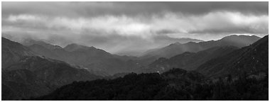 Rolling peaks under stormy sky. San Gabriel Mountains National Monument, California, USA (Panoramic black and white)