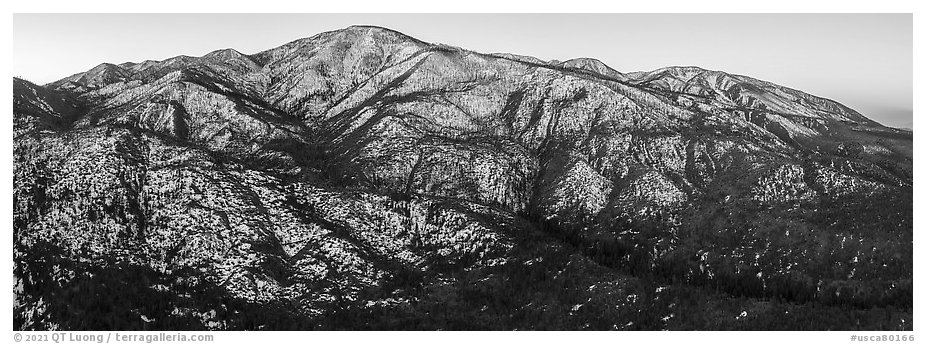 Aerial view of Grinnell Mountain, winter sunrise. Sand to Snow National Monument, California, USA (black and white)
