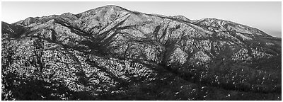 Aerial view of Grinnell Mountain, winter sunrise. Sand to Snow National Monument, California, USA (Panoramic black and white)