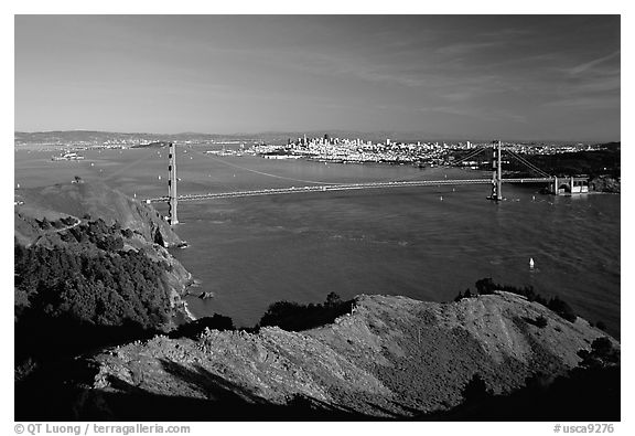 Golden Gate bridge  seen from Hawk Hill, afternoon. San Francisco, California, USA (black and white)
