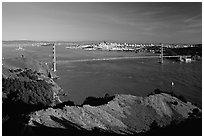 Golden Gate bridge  seen from Hawk Hill, afternoon. San Francisco, California, USA (black and white)