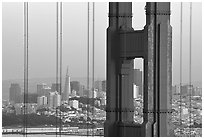The city seen through the cables and pilars of the Golden Gate bridge, dusk. San Francisco, California, USA (black and white)