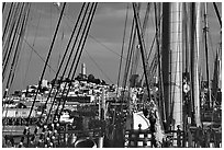 Telegraph Hill and Coit Tower seen through the masts of the Balclutha. San Francisco, California, USA (black and white)