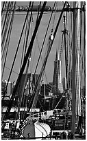 Transamerica Pyramid  seen through the masts of the Balclutha. San Francisco, California, USA (black and white)