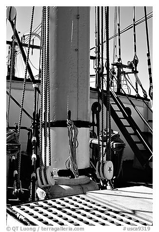Deck and Mast of the Balclutha, Maritime Museum. San Francisco, California, USA (black and white)