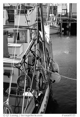 Fishing boat anchored in  Fisherman's Wharf. San Francisco, California, USA (black and white)