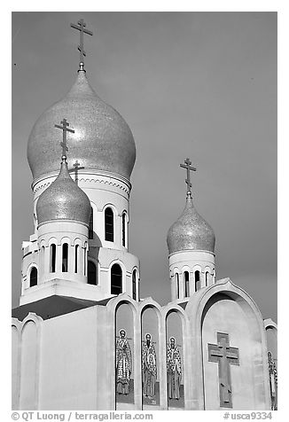 Bulbs of Russian Orthodox Holy Virgin Cathedral. San Francisco, California, USA