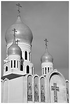 Bulbs of Russian Orthodox Holy Virgin Cathedral. San Francisco, California, USA (black and white)