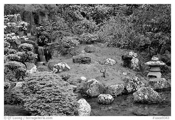 Cascade, rocks, and grass, Japanese Garden, Golden Gate Park. San Francisco, California, USA (black and white)