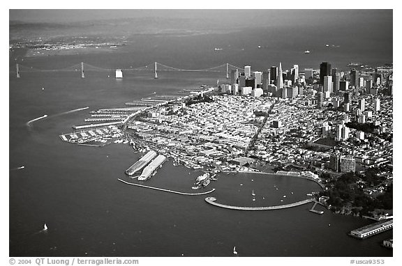 Aerial view of Downtown and Fisherman's wharf. San Francisco, California, USA (black and white)