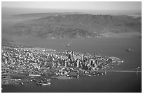 Aerial view of Downtown, the Golden Gate Bridge, and the Marin Headlands. San Francisco, California, USA (black and white)