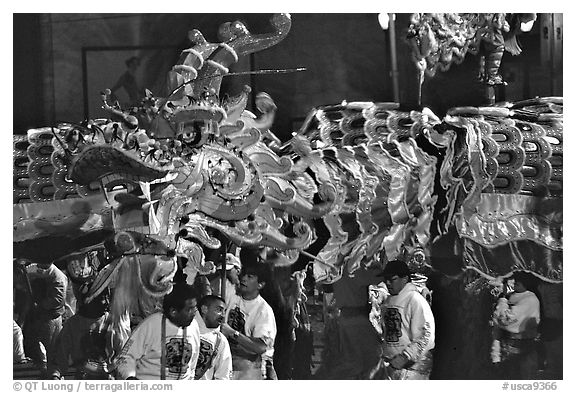 Dragon during the Chinese New Year celebration. San Francisco, California, USA (black and white)