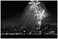 fourth of July fireworks above the City. San Francisco, California, USA (black and white)