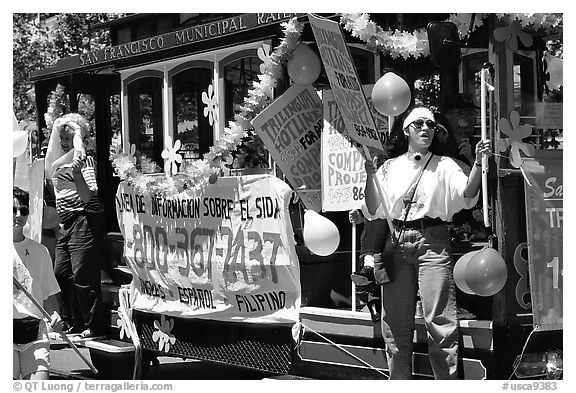 Cable car  during the Gay Parade. San Francisco, California, USA (black and white)