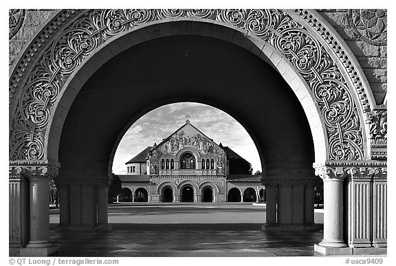 Memorial Chapel through the Quad's arch, early morning. Stanford University, California, USA