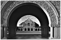 Memorial Chapel through the Quad's arch, early morning. Stanford University, California, USA ( black and white)