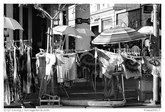 Colorful Tye die T-shirts for sale on Telegraph Avenue. Berkeley, California, USA (black and white)