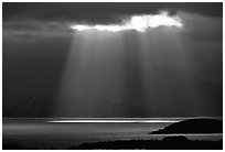 Sunbeams above the Golden Gate, seen from the Berkeley Hills. Berkeley, California, USA (black and white)