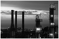 Chimneys of ConocoPhillips Oil Refinery, Rodeo. San Pablo Bay, California, USA ( black and white)
