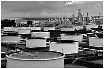 Storage citerns and piples, Oil Refinery, Rodeo. San Pablo Bay, California, USA (black and white)