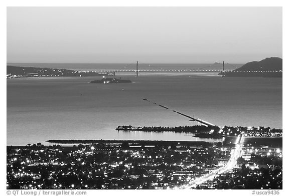 Bay and Golden Gate at sunset from the Berkeley Hills. Berkeley, California, USA (black and white)