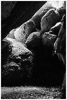 Boulders in Bear Gulch Caves. Pinnacles National Park, California, USA. (black and white)