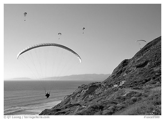 Paragliders soaring above cliffs, the Dumps, Pacifica. San Mateo County, California, USA