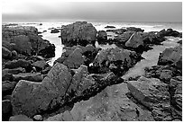 Pool, rocks, foggy sunset, seventeen-mile drive. Pebble Beach, California, USA ( black and white)